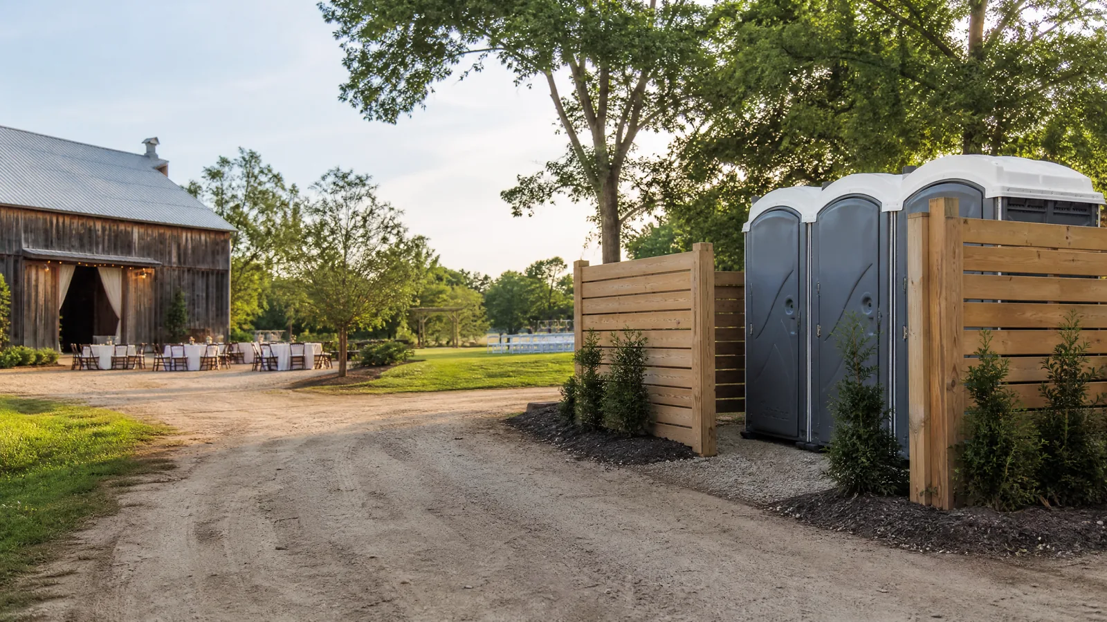 Portable restrooms screened beside a rural private-event venue.